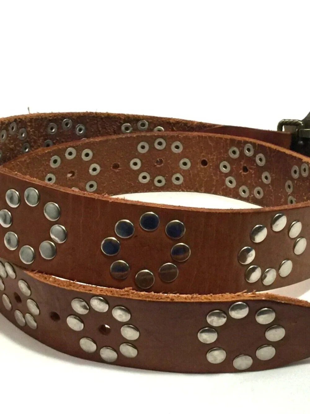 VINTAGE BROWN LEATHER STUDDED RHINESTONE BUCKLE WESTERN RODEO BELT WOMENS 34